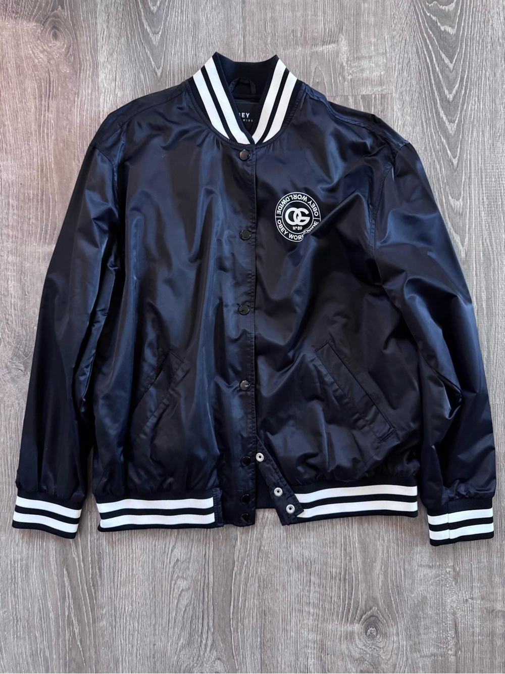 Black Obey Bomber Jacket with White Striped Trim
